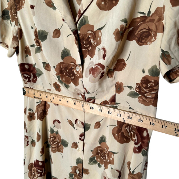 NY&CO Vintage 10 Silk Floral Button Front Midi Dress Short Sleeve Brown Tan EC! - Picture 4 of 5